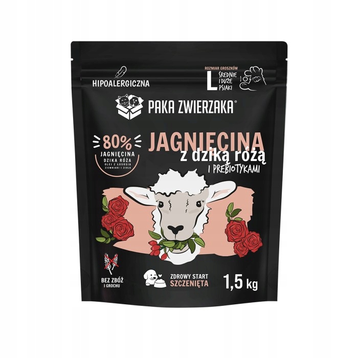 Paka zwierzaka sucha karma dla szczeniąt JAGNIĘCINA DZIKA RÓŻA 1,5k g L