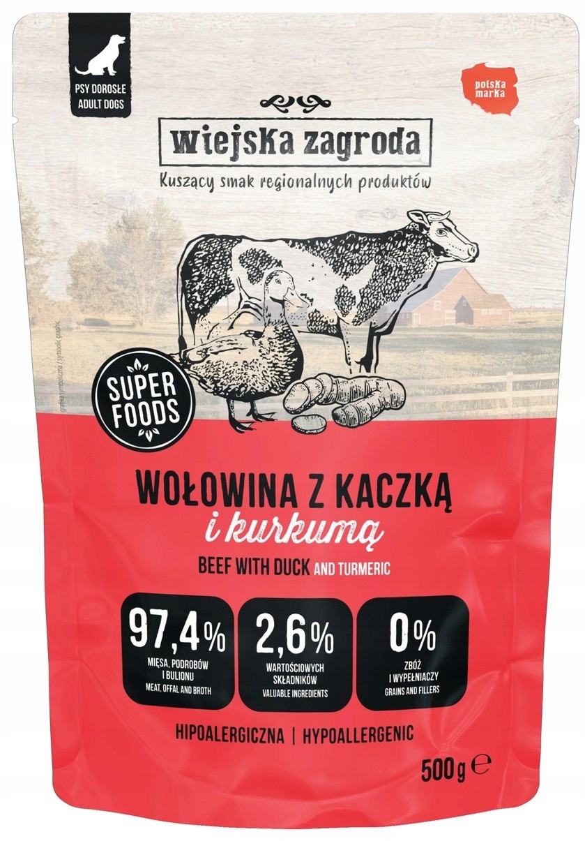 Wiejska Zagroda WOŁOWINA KACZKA KURKUMA karma mokra dla psa 500g saszetka
