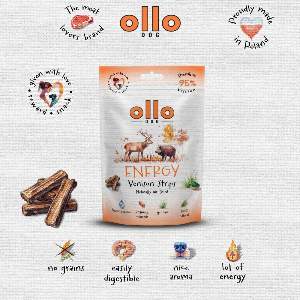 OLLO przysmaki dla psa paski DZICZYZNA SPIRULINA 80g AIR DRIED ENERGY