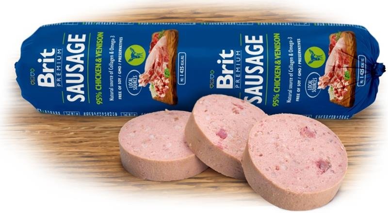 Brit mokra karma dla psa kurczak dziczyzna Premium Sausage kiełbasa 800g