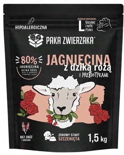 Paka zwierzaka sucha karma dla szczeniąt JAGNIĘCINA DZIKA RÓŻA 1,5k g L