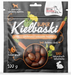 SYTA MICHA Kiełbaski dla psa KRÓLIK Z MARCHEWKĄ 100g