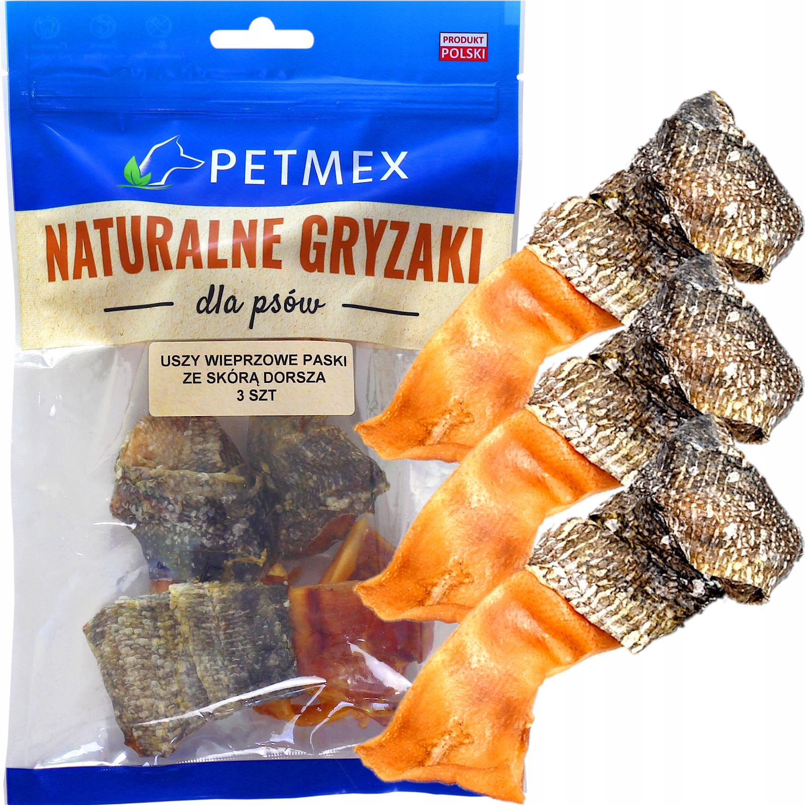 Petmex UCHO WIEPRZOWE CIĘTE OWINIĘTE SKÓRĄ DORSZA naturalny gryzak 3 szt.