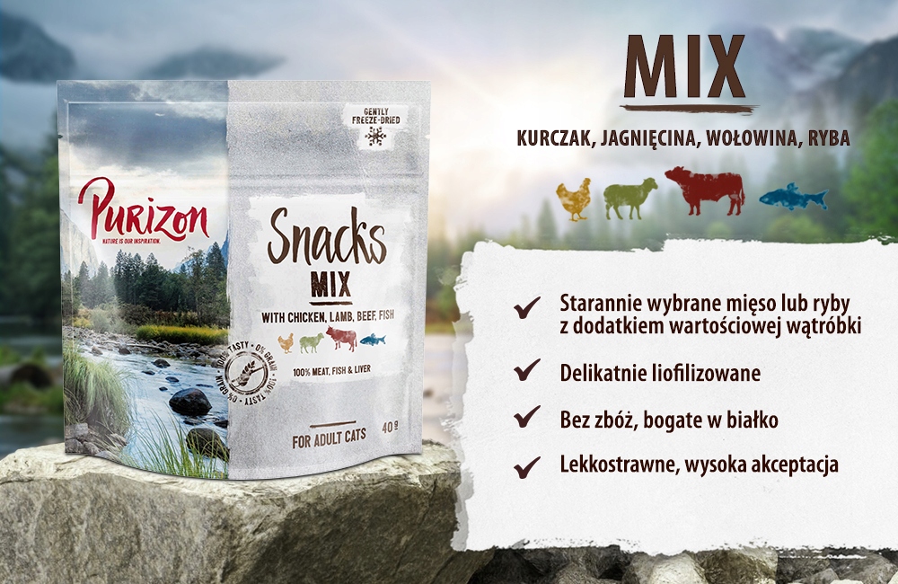 Purizon przysmaki kot liofilizowane RYBY KURCZAK JAGNIĘCINA WOŁOWINA 40 g