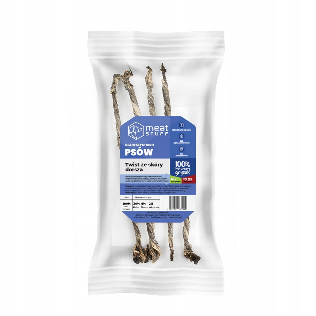 Meatstuff TWISTERY ZE SKÓRY DORSZA 100 gryzak dla psa worek strunowy
